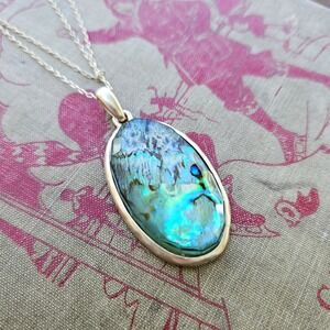 K.C. Silver Tone Faceted Faux Abalone Shell Oval Pendant Double Strand Necklace